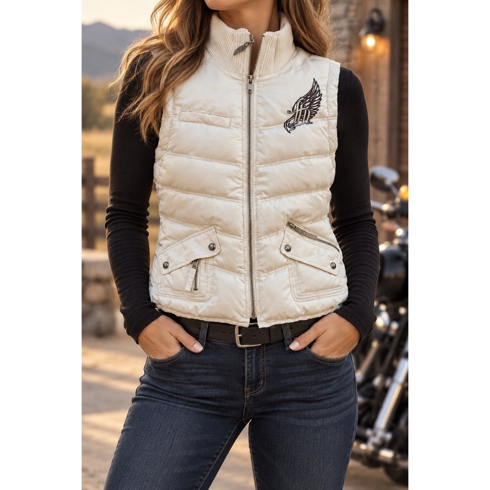 Harley-Davidson Womens M Ivory Puffer Vest Embroidered Eagle 97418-06VW